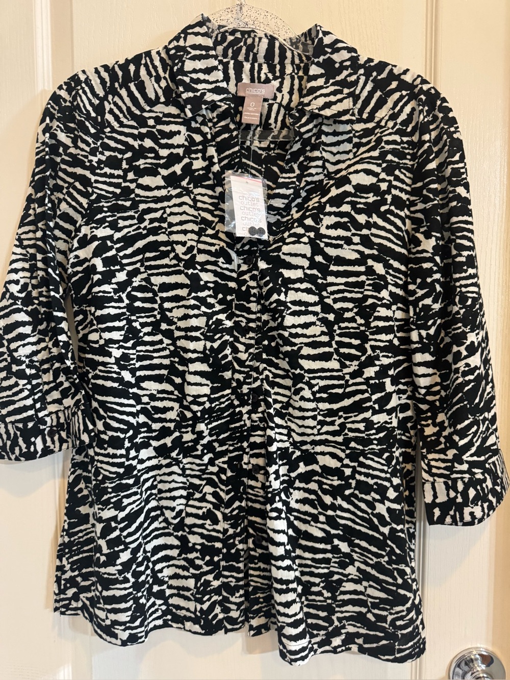 Chico's Black and White Abstract Zebra-Print Button Down Top